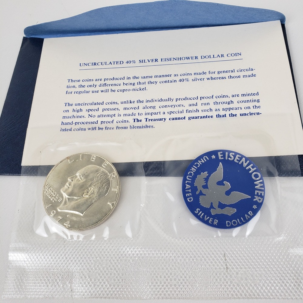 1974 Eisenhower Uncirculated Silver Dollar 40% Silver Blue Envelope IKE Coin